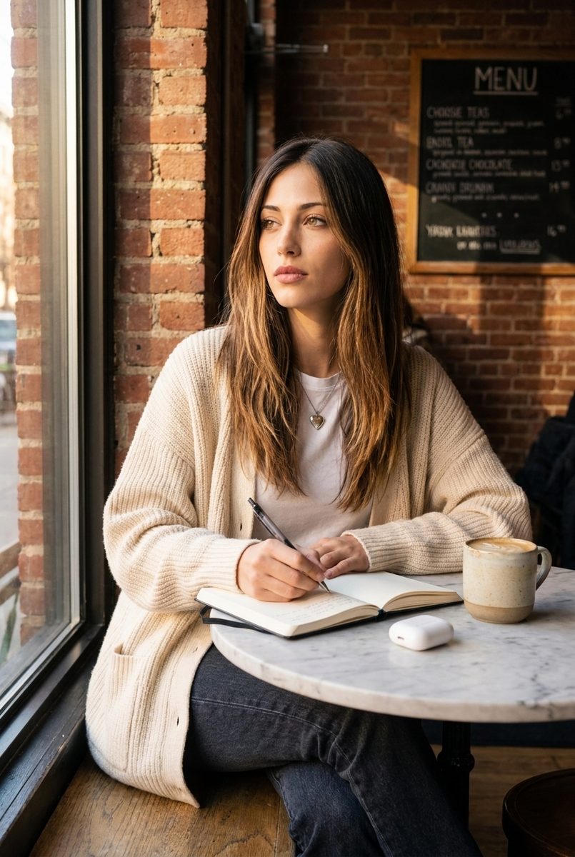 café — window seat, notebook out, iced oat latte