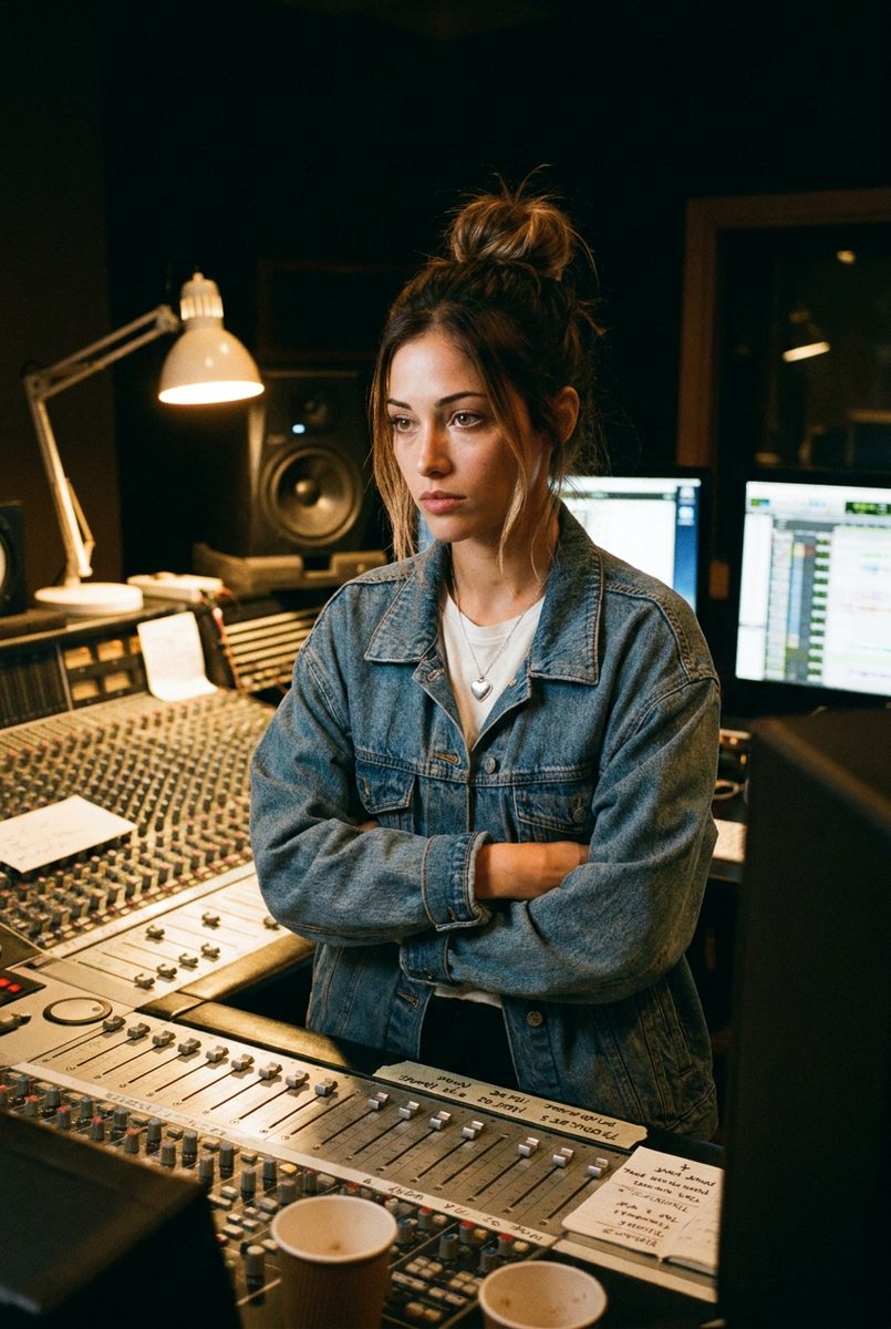 control room — mixing desk, engineer's chair, fader glow