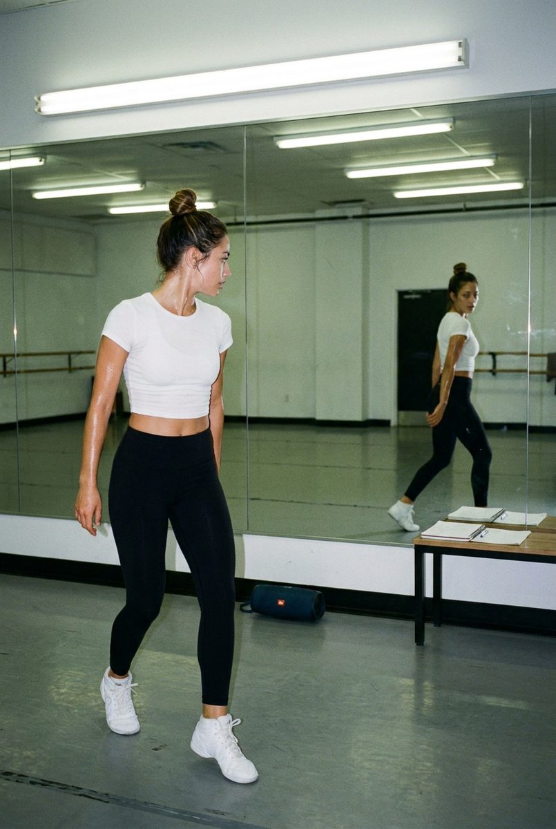 rehearsal — dance studio, mirror wall, mid-routine