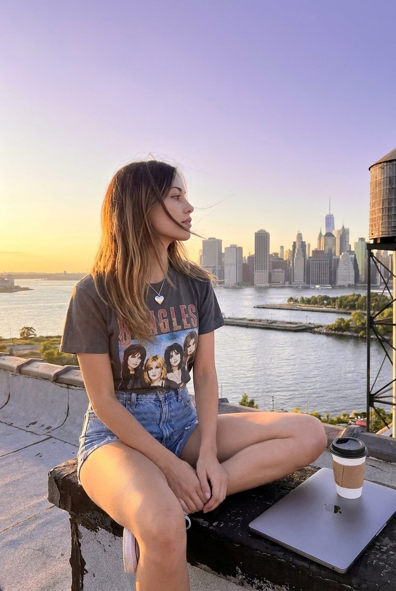rooftop — golden hour, seated, Manhattan skyline across the river