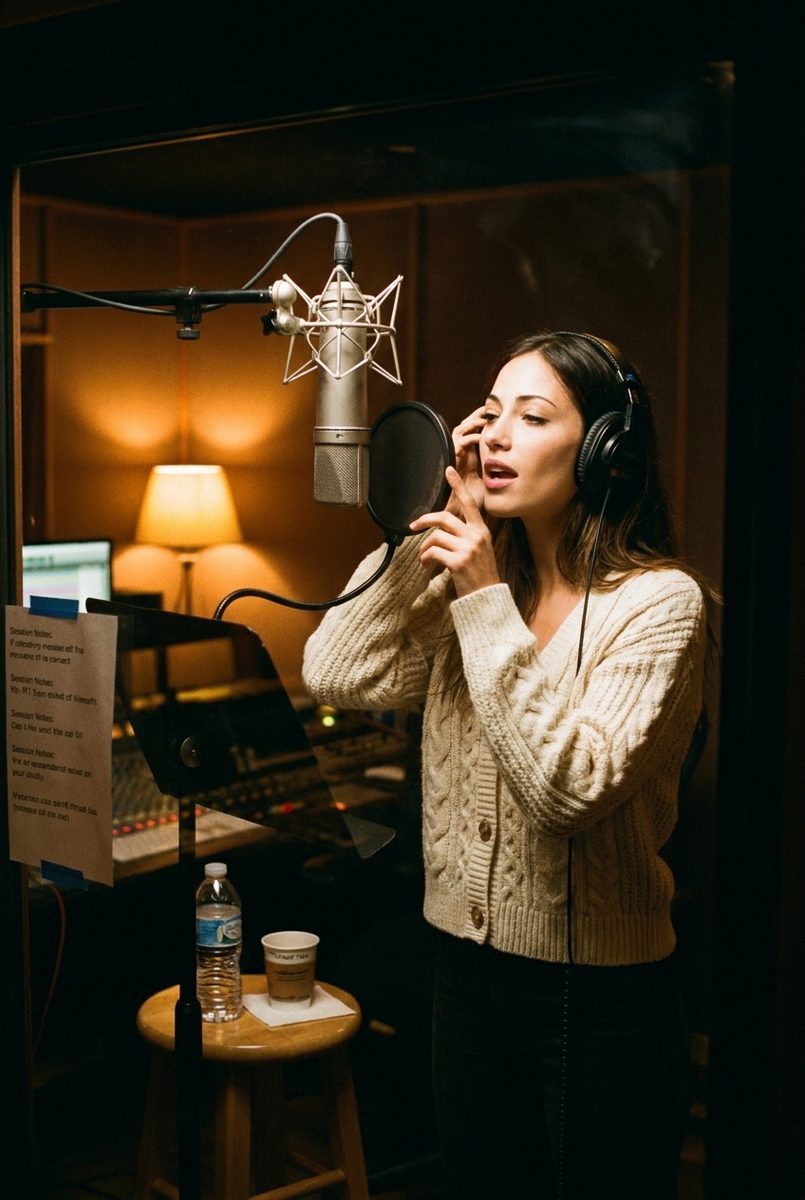 studio — late-night recording, monitor glow, headphones half-on