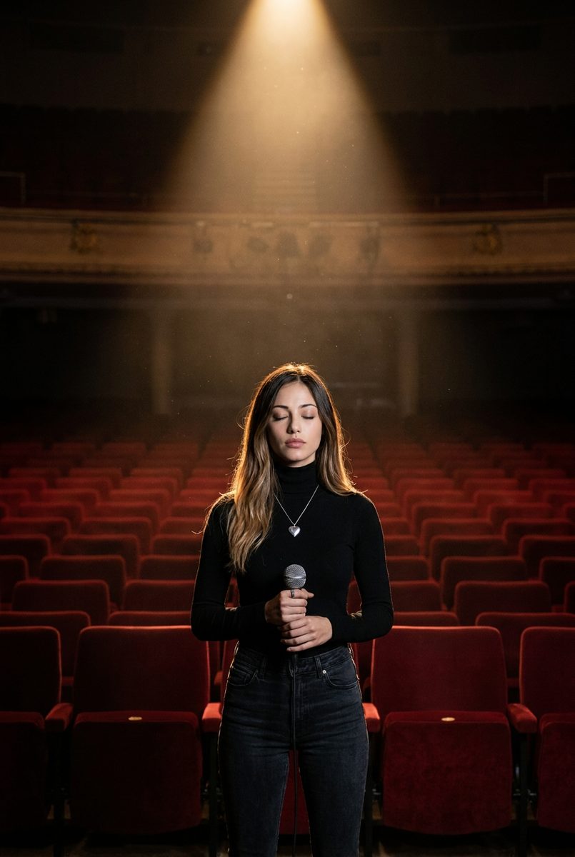 theater — intimate venue, warm amber, close crowd